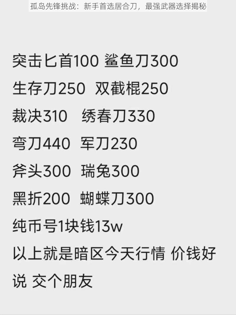 孤岛先锋挑战：新手首选居合刀，最强武器选择揭秘