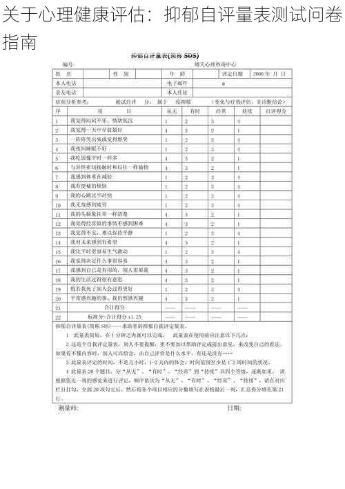 关于心理健康评估：抑郁自评量表测试问卷指南