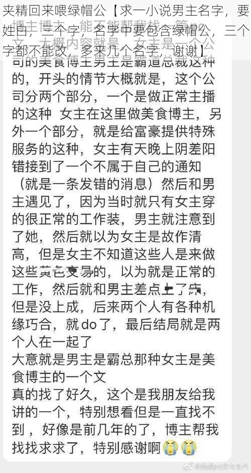 夹精回来喂绿帽公【求一小说男主名字，要姓白，三个字，名字中要包含绿帽公，三个字都不能改，多来几个名字，谢谢】