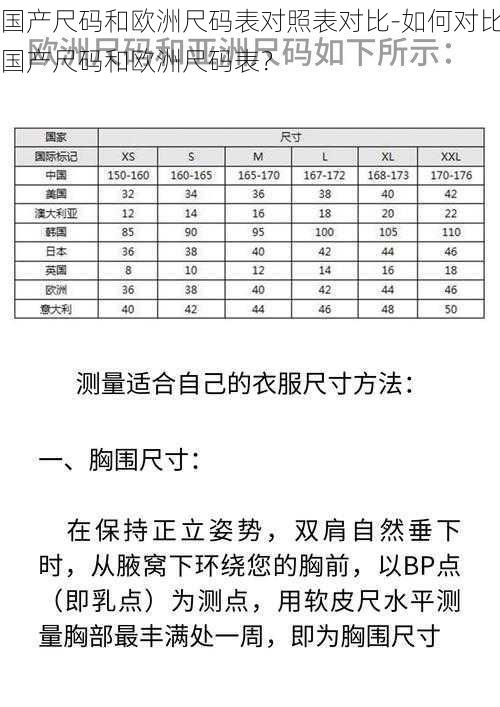 国产尺码和欧洲尺码表对照表对比-如何对比国产尺码和欧洲尺码表？