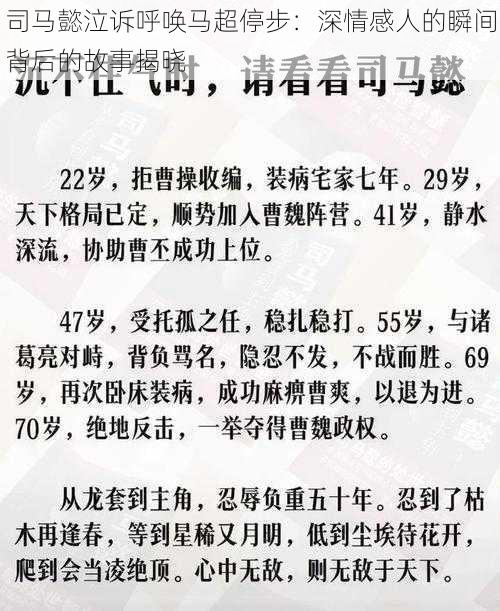 司马懿泣诉呼唤马超停步：深情感人的瞬间背后的故事揭晓